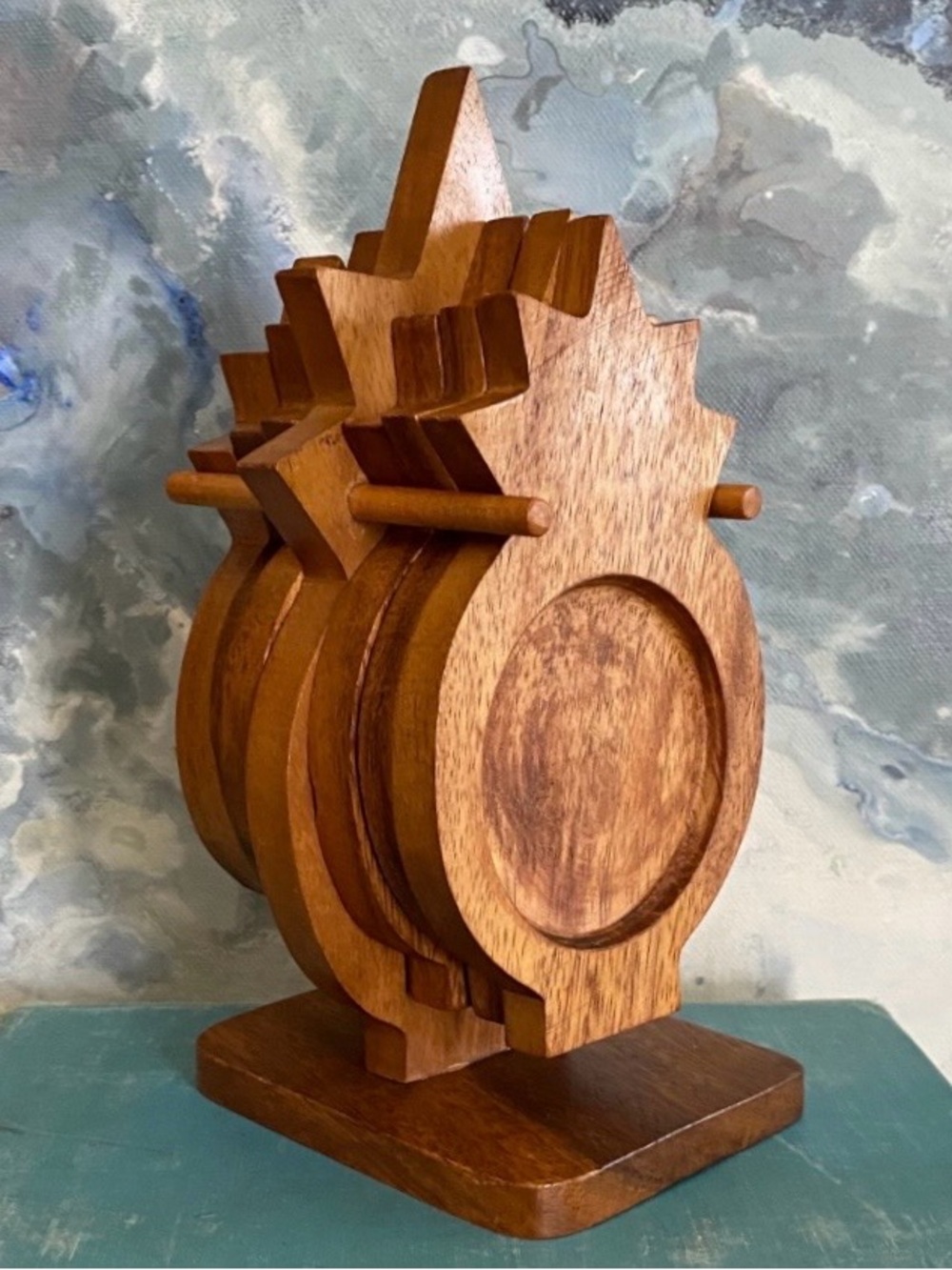 MCM Handcrafted Solid Wood Pineapple Coaster Set Handcrafted 7 Piece Coasters